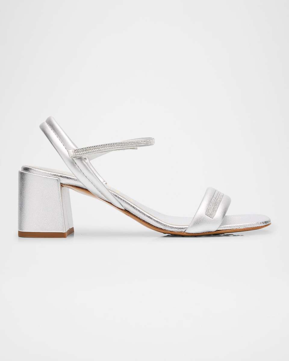 Metallic Crystal Ankle-Strap Block-Heel Sandals